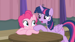 Size: 1366x768 | Tagged: safe, screencap, pinkie pie, twilight sparkle, alicorn, pony, a trivial pursuit, g4, frazzled, sad, sitting, table, twilight sparkle (alicorn)