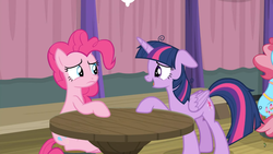 Size: 1366x768 | Tagged: safe, screencap, cup cake, pinkie pie, twilight sparkle, alicorn, pony, a trivial pursuit, g4, curtains, frazzled, sitting, table, twilight sparkle (alicorn)