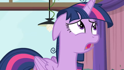 Size: 1366x768 | Tagged: safe, screencap, twilight sparkle, alicorn, pony, a trivial pursuit, g4, ceiling light, female, floppy ears, frazzled, looking up, mare, sad, solo, twilight sparkle (alicorn)