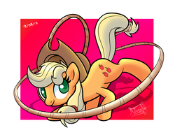 Size: 4875x3830 | Tagged: safe, artist:burnflameheart, applejack, pony, g4, abstract background, female, lasso tricks, signature, smiling, solo