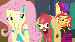 Size: 1366x768 | Tagged: safe, screencap, fluttershy, sunset shimmer, costume conundrum, costume conundrum: sunset shimmer, equestria girls, equestria girls series, g4, spoiler:choose your own ending (season 2), spoiler:eqg series (season 2), female, geode of fauna, hot dog costume, magical geodes, sunset's apartment