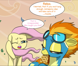 Size: 1024x868 | Tagged: safe, artist:doublewbrothers, fluttershy, spitfire, pegasus, pony, g4, hurricane fluttershy, comic, cropped, duo, eating, food, lidded eyes, one eye closed, pie, speech bubble, wind, windswept mane