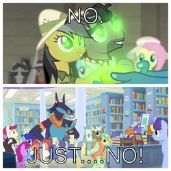 Size: 1936x1936 | Tagged: safe, edit, edited screencap, screencap, ahuizotl, berry punch, berry sweet, berryshine, biff, citrine spark, clever musings, cloudburst, daring do, doctor caballeron, fire quacker, fluttershy, goldengrape, neigh sayer, november rain, peppermint goldylinks, rainbow dash, rainbow stars, sir colton vines iii, sprout greenhoof, star bright, sugar maple, withers, earth pony, pegasus, pony, unicorn, daring doubt, adventure in the comments, background pony, background pony audience, book, bookshelf, bookstore, drama, female, friendship student, glasses, glowing eyes, henchmen, las pegasus resident, library, male, mare, meme, no just no, op is a duck, op is trying to start shit, opinion, reformed, reformed villain, stallion, truth talisman, unnamed pony