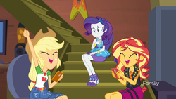Size: 2048x1152 | Tagged: safe, screencap, applejack, rarity, sunset shimmer, costume conundrum, equestria girls, equestria girls series, g4, spoiler:choose your own ending (season 2), spoiler:eqg series (season 2), female, geode of empathy, geode of shielding, geode of super strength, iphone, magical geodes, sunset's apartment