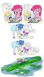 Size: 1024x1793 | Tagged: safe, artist:loryska, gummy, party favor, pinkie pie, oc, oc:linzer torte, alligator, earth pony, pony, unicorn, g4, balloon, balloon animal, cloven hooves, colored hooves, colt, dialogue, ear fluff, existential crisis, father and child, father and son, female, leonine tail, male, mare, mother and child, mother and son, offspring, parent:party favor, parent:pinkie pie, parents:partypie, stallion, unshorn fetlocks, wide eyes