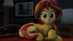 Size: 1804x1014 | Tagged: safe, artist:redaceofspades, sunset shimmer, original species, human head pony, ponies the anthology vii, equestria girls, g4, 3d, bed, bedroom, cursed, cursed image, dark, lying, lying down, night, not salmon, source filmmaker, wat, what has science done