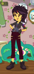 Size: 312x672 | Tagged: safe, screencap, sunset shimmer, wooyoo, vampire, costume conundrum, costume conundrum: sunset shimmer, equestria girls, equestria girls series, g4, spoiler:choose your own ending (season 2), spoiler:eqg series (season 2), belt, boots, bulk biceps' home, clothes, cropped, eyeliner, eyes closed, eyeshadow, fangs, female, gloves, jacket, jeans, laughing, leather jacket, makeup, pants, shoes, vampire shimmer