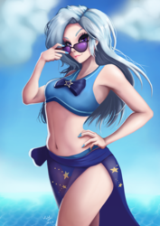 Size: 706x1000 | Tagged: safe, artist:the-park, trixie, human, equestria girls, equestria girls specials, g4, my little pony equestria girls: better together, my little pony equestria girls: forgotten friendship, armpits, belly button, bikini, clothes, female, human coloration, nail polish, sarong, solo, sunglasses, swimsuit