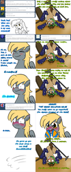 Size: 1562x3760 | Tagged: safe, artist:jitterbugjive, derpy hooves, doctor whooves, time turner, pony, lovestruck derpy, g4, ask, blushing, clothes, featureless crotch, goggles, lamp, necktie, piledriver, socks, striped socks, table, tumblr