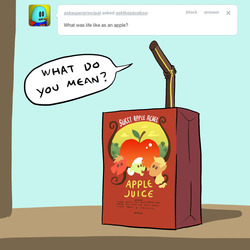 Size: 800x800 | Tagged: safe, artist:askthejuicebox, artist:docwario, applejack, big macintosh, granny smith, oc, oc:juice box, pony, g4, apple juice, juice, juice box