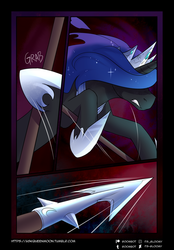 Size: 2300x3300 | Tagged: safe, artist:cosmalumi, nightmare moon, pony, tumblr:ask queen moon, g4, comic, high res, spear, weapon
