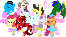 Size: 946x538 | Tagged: safe, artist:angrymetal, apple bloom, scootaloo, sweetie belle, oc, oc:aqua, oc:ballet star, oc:lost canvas, oc:princess ruby, oc:t.k., oc:thunder breeze, alicorn, earth pony, pegasus, pony, unicorn, g4, 1000 hours in ms paint, arms in the air, ballerina, ballet, bloomarina, bloomerina, clothes, crossdressing, en pointe, eyes closed, femboy, jewelry, male, one arm up, one leg raised high, open mouth, scootarina, scootatutu, scootutu, simple background, smiling, standing on one leg, sweetierina, tiara, transparent background, tutu, tutus