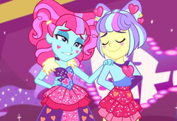 Size: 1568x1080 | Tagged: safe, screencap, kiwi lollipop, supernova zap, equestria girls, equestria girls specials, g4, my little pony equestria girls: better together, my little pony equestria girls: sunset's backstage pass, clothes, cropped, duo, duo female, eyes closed, female, grin, hand on shoulder, heart, k-lo, lidded eyes, miniskirt, postcrush, skirt, smiling, smug, su-z