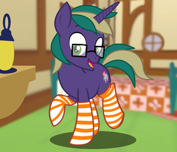 Size: 1900x1632 | Tagged: safe, artist:succubi samus, oc, oc only, oc:pixelated star, pony, unicorn, clothes, commission, cottage, cute, glasses, looking at you, show accurate, silly, socks, solo, striped socks