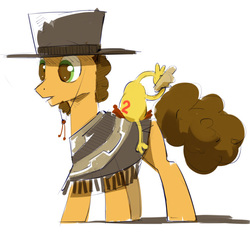 Size: 656x615 | Tagged: safe, artist:coldrivez, boneless, boneless 2, cheese sandwich, earth pony, pony, g4, the last laugh, clothes, hat, male, poncho, rubber chicken, simple background, solo, stallion, white background