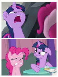 Size: 3106x4096 | Tagged: safe, edit, edited screencap, screencap, pinkie pie, twilight sparkle, alicorn, pony, a trivial pursuit, g4, my little pony: the movie, angry, floppy ears, sad, twilight sparkle (alicorn)