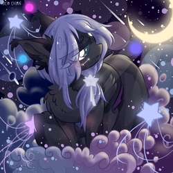 Size: 2160x2160 | Tagged: safe, artist:rico_chan, oc, oc only, earth pony, pony, blushing, chest fluff, chibi, cloud, crescent moon, female, fluffy, hairband, high res, looking back, mare, moon, plane, planet, shooting star, signature, solo, space, stars