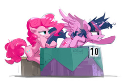 Size: 1375x919 | Tagged: safe, artist:coldrivez, pinkie pie, twilight sparkle, alicorn, earth pony, pony, a trivial pursuit, g4, season 9, ambition, angry, annoyed, duo, duo female, female, horn, leaning on table, mare, messy mane, pointing, quiz game, simple background, sitting, spread wings, table, trivia trot, twilight sparkle (alicorn), white background, wings