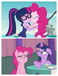 Size: 3106x4096 | Tagged: safe, edit, edited screencap, screencap, pinkie pie, sci-twi, twilight sparkle, alicorn, earth pony, pony, a trivial pursuit, equestria girls, friendship math, g4, my little pony equestria girls: better together, season 9, angry, clothes, comparison, floppy ears, geode of telekinesis, magical geodes, swimsuit, twilight sparkle (alicorn)
