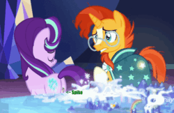 Size: 850x550 | Tagged: safe, edit, screencap, spike, starlight glimmer, sunburst, pony, unicorn, g4, the parent map, anal vore, animated, booty call, butt, crying, disappear, female, fetish, gif, glimmer glutes, glowing cutie mark, it's a trap, jealous, male, mare, micro, plot, ship:sparlight, shipping, shrinking, shrunk, stallion, straight, tiny, xd