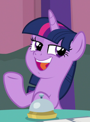 Size: 616x836 | Tagged: safe, screencap, twilight sparkle, alicorn, pony, a trivial pursuit, g4, aside glance, bell, cropped, female, gesture, mare, open mouth, raised hoof, reaction image, sitting, smiling, smug, solo, twilight sparkle (alicorn)