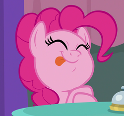 Size: 956x894 | Tagged: safe, screencap, pinkie pie, earth pony, pony, a trivial pursuit, g4, bell, cropped, cute, diapinkes, eyes closed, female, mare, reaction image, silly, silly pony, smiling, solo, tongue out