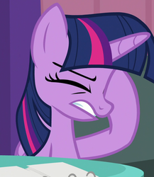 Size: 776x896 | Tagged: safe, screencap, twilight sparkle, alicorn, pony, a trivial pursuit, g4, cropped, eyes closed, facehoof, female, frustrated, gritted teeth, mare, reaction image, solo, twilight sparkle (alicorn)