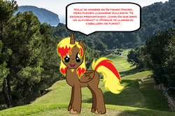 Size: 1114x741 | Tagged: safe, oc, oc only, oc:skyward sword, oc:vulcanus, alicorn, pegasus, pony, skywar sword: las cronicas del caballero de fuego, alicorn oc, comic, horn, male, real life background, solo, spanish, stallion, standing, talking to viewer, wings