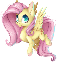 Size: 2106x2243 | Tagged: safe, artist:cutepencilcase, fluttershy, pegasus, pony, g4, chest fluff, colored hooves, female, high res, hoof fluff, looking at you, mare, simple background, smiling, solo, spread wings, three quarter view, transparent background, unshorn fetlocks, wings