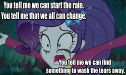 Size: 787x465 | Tagged: safe, edit, edited screencap, screencap, rarity, equestria girls, g4, inclement leather, my little pony equestria girls: choose your own ending, caption, crying, female, forest, image macro, iron maiden, lyrics, rain, rainmaker, solo, song reference, text