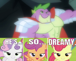 Size: 640x520 | Tagged: safe, edit, edited screencap, editor:undeadponysoldier, screencap, apple bloom, scootaloo, spike, sweetie belle, earth pony, pegasus, pony, unicorn, a dog and pony show, flight to the finish, g4, abs, adult, adult spike, armor, bedroom eyes, beefspike, cape, caption, clothes, crusadespike, crush, cutie mark crusaders, dreamy, female, filly, handsome, image macro, male, manly, meme, older, older spike, ship:scootaspike, ship:spikebelle, ship:spikebloom, shipping, spike gets all the mares, straight, text