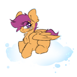 Size: 2000x2000 | Tagged: safe, artist:spoopygander, scootaloo, pegasus, pony, g4, bandaid, chest fluff, cloud, eye clipping through hair, eyelashes, female, filly, high res, outline, prone, sitting, solo, wings