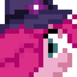 Size: 256x256 | Tagged: safe, artist:krixwell, derpibooru exclusive, pinkie pie, earth pony, pony, fanfic:reflections in black and pink, g4, the saddle row review, female, hat, head only, pinkie clone, pixel art, simple background, solo, transparent background