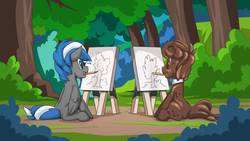 Size: 1192x670 | Tagged: safe, artist:mysticalpha, oc, oc only, oc:chocolate pony, oc:cloud zapper, earth pony, pegasus, pony, drawing, forest, male, stallion