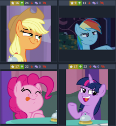 Size: 372x406 | Tagged: safe, edit, edited screencap, screencap, applejack, pinkie pie, rainbow dash, twilight sparkle, alicorn, pony, derpibooru, 28 pranks later, a trivial pursuit, g4, applejack's hat, bedroom eyes, cowboy hat, hat, juxtaposition, meta, one of these things is not like the others, smiling, tongue out, twilight sparkle (alicorn)
