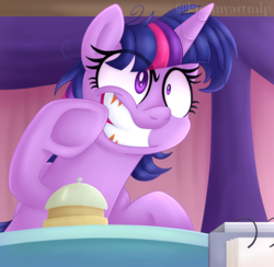 Size: 1476x1440 | Tagged: safe, artist:kimmyartmlp, twilight sparkle, alicorn, pony, a trivial pursuit, g4, bell, crazy face, eye clipping through hair, faic, female, folded wings, gritted teeth, gums, mare, messy mane, scene interpretation, shrunken pupils, signature, solo, twilight snapple, twilight sparkle (alicorn), twilighting, wings