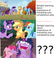 Size: 1972x2105 | Tagged: safe, edit, edited screencap, screencap, applejack, pinkie pie, rainbow dash, twilight sparkle, alicorn, earth pony, pegasus, pony, unicorn, a trivial pursuit, fall weather friends, g4, non-compete clause, female, floppy ears, hypocrisy, leaves, mare, messy mane, op is a duck, op is trying to start shit, twilight snapple, twilight sparkle (alicorn), twilighting, unicorn twilight