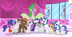 Size: 4505x2341 | Tagged: safe, artist:velveagicsentryyt, button mash, cookie crumbles, hondo flanks, rarity, spike, sweetie belle, oc, oc:burnity, oc:sky city, oc:spectrum lights, oc:strawberlly, dracony, dragon, hybrid, pony, unicorn, g4, cousins, female, filly, half-siblings, interspecies offspring, male, mare, offspring, older, older spike, parent:button mash, parent:fancypants, parent:rarity, parent:spike, parent:sweetie belle, parents:raripants, parents:sparity, parents:sweetiemash, ship:cookieflanks, ship:sparity, ship:sweetiemash, shipping, stallion, straight, winged spike, wings