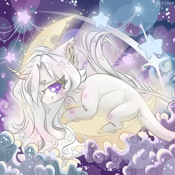 Size: 2160x2160 | Tagged: safe, artist:rico_chan, oc, pony, unicorn, beanbrows, blue, chibi, cloud, crescent moon, eyebrows, high res, leonine tail, moon, planet, purple, solo, space, stars, tail, tangible heavenly object, transparent moon
