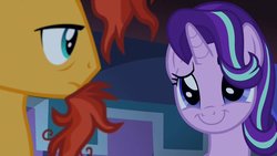 Size: 680x383 | Tagged: safe, screencap, starlight glimmer, sunburst, pony, unicorn, g4, uncommon bond, cute, female, glimmerbetes, looking at each other, male, mare, messy mane, missing accessory, smiling, stallion
