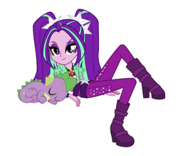 Size: 750x661 | Tagged: safe, artist:mit-boy, edit, editor:undeadponysoldier, vector edit, aria blaze, spike, dragon, equestria girls, g4, ariaspike, disguise, disguised siren, female, looking at you, lying down, male, pigtails, shipping, simple background, sleeping, smug, spikelove, straight, vector, white background