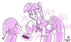 Size: 2430x1430 | Tagged: safe, artist:jowyb, dj pon-3, spike, twilight sparkle, vinyl scratch, alicorn, dragon, pony, a trivial pursuit, g4, annoyed, clothes, female, grin, hat, mare, nightcap, nightgown, smiling, twilight sparkle (alicorn), yes