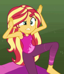 Size: 1000x1152 | Tagged: safe, screencap, sunset shimmer, equestria girls, g4, my little pony equestria girls: choose your own ending, wake up!, wake up!: rainbow dash, 2 frame gif, animated, barefoot, clothes, cropped, cute, feet, female, geode of empathy, gif, magical geodes, pants, shaking, shimmerbetes, shivering, yoga pants, yoga pose
