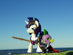 Size: 4128x3096 | Tagged: safe, artist:dingopatagonico, shining armor, spike, pony, g4, armor, guardians of harmony, irl, misadventures of the guardians, photo, spear, toy, weapon