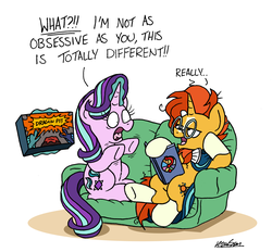 Size: 2292x2129 | Tagged: safe, artist:bobthedalek, starlight glimmer, sunburst, pony, unicorn, a trivial pursuit, g4, board game, book, couch, dialogue, dragon pit, female, glasses, glowing horn, high res, horn, lidded eyes, magic, male, mare, open mouth, sitting, stallion, telekinesis, underhoof