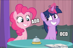 Size: 752x499 | Tagged: safe, edit, edited screencap, screencap, pinkie pie, twilight sparkle, alicorn, pony, a trivial pursuit, g4, add, attention deficit disorder, caption, comparison, cute, diapinkes, duo, female, glowing horn, horn, image macro, imgflip, messy mane, ocd, ocd twilight, smiling, text, twiabetes, twilight sparkle (alicorn), twilighting