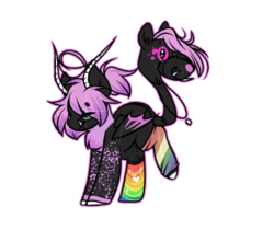 Size: 461x405 | Tagged: safe, artist:rukemon, oc, oc only, oc:miz-chef, demon, demon pony, monster pony, original species, pony, augmented tail, bat wings, boots, clothes, female, grin, heterochromia, horns, jewelry, mare, markings, necklace, rainbow socks, raised hoof, shoes, smiling, socks, solo, striped socks, wings