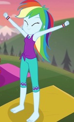 Size: 349x574 | Tagged: safe, screencap, rainbow dash, equestria girls, g4, my little pony equestria girls: choose your own ending, wake up!, wake up!: rainbow dash, ^^, armpits, barefoot, clothes, cropped, cute, dashabetes, eyes closed, feet, female, fist, geode of super speed, grin, jewelry, magical geodes, necklace, pants, shirt, sleeveless, sleeveless shirt, smiling, stretching, tank top, wristband, yoga, yoga mat, yoga pants