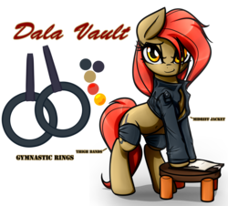 Size: 2935x2658 | Tagged: safe, artist:jetwave, oc, oc only, oc:dala vault, earth pony, pony, belly button, clothes, color palette, cutie mark, female, high res, jacket, leather jacket, mare, reference sheet, short shirt, solo, stool, thigh bands