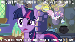 Size: 640x361 | Tagged: safe, edit, edited screencap, editor:undeadponysoldier, screencap, princess flurry heart, twilight sparkle, alicorn, pony, best gift ever, g4, bowl, caption, cauldron, female, filly, food, image macro, ladle, lemon, looking at you, measuring cup, meme, messy mane, normal, present, spoon, talking to viewer, teapot, text, twilight sparkle (alicorn)
